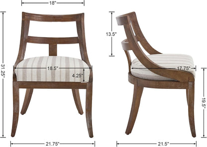 LZAREAL Modern Farmhouse Dining Chairs Set of 4 Mid Century Upholstered Dining Chair with Wooden Curved Back Kitchen Chairs for Dining Room Restaurant Cafe, Brown Walnut Colored-Linen Khaki Stripe