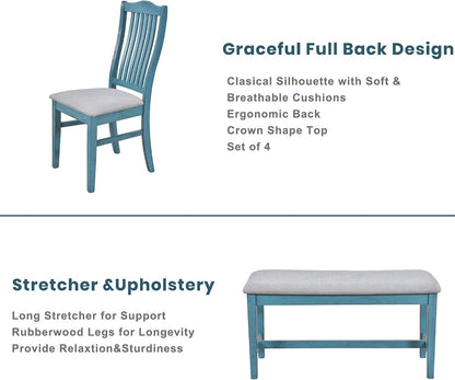 LUMISOL 6-Piece Dining Table Set with Bench, Farmhouse Solid Wood Kitchen Table Set with Bench, 4 Upholstered Chairs & Storage Drawers for Kitchen, Dining Room, Living Room, Antique Blue
