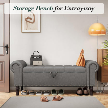 Apicizon 51” Bench with Storage, Upholstered Tufted Button Bedroom Bench with Storage, Faux Leather End of Bed Bench with Rolled Arms, Storage Ottoman Bench for Bedroom, Living Room, Entryway, Gray