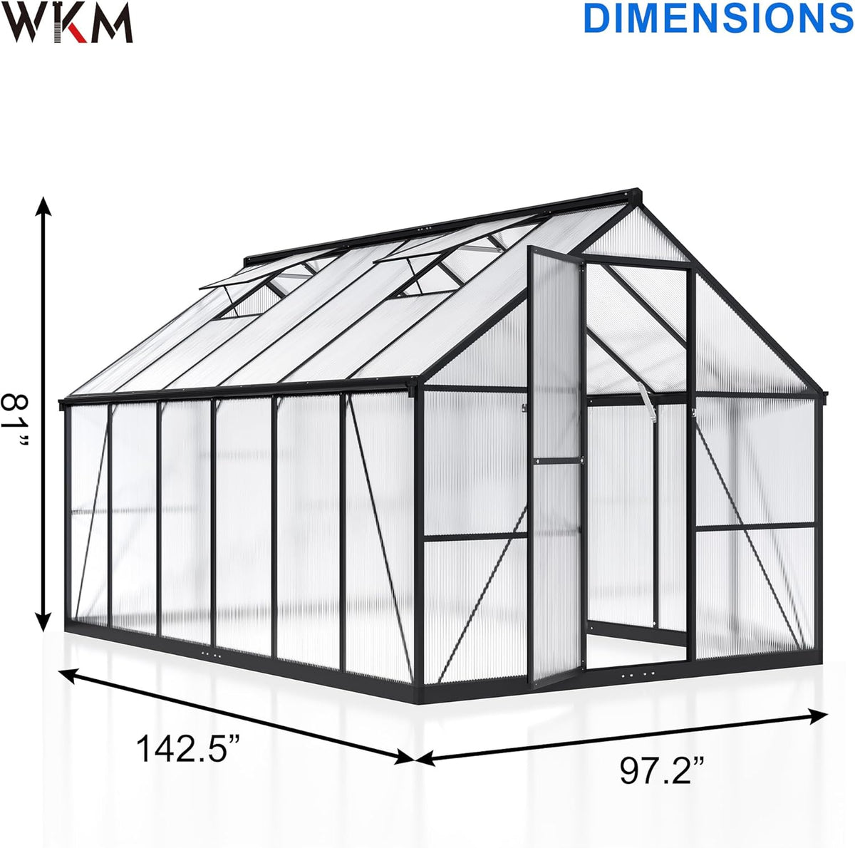 WKM 8x12 FT Greenhouse for Outdoors, Quick-fit Structure Green House with Window for Ventilation, Aluminum Greenhouse for Garden Backyard, Black