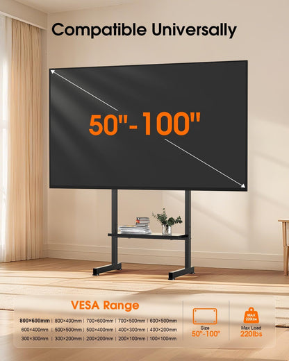 Heavy Duty Floor TV Stand for 50-100 Inch TVs, 220 lbs, Max VESA 800x600mm | Large Height Adjustable Tall Steel TV Cart with Storage Shelf for Living Rooms, Offices, Gyms, Classrooms, and Events, Black