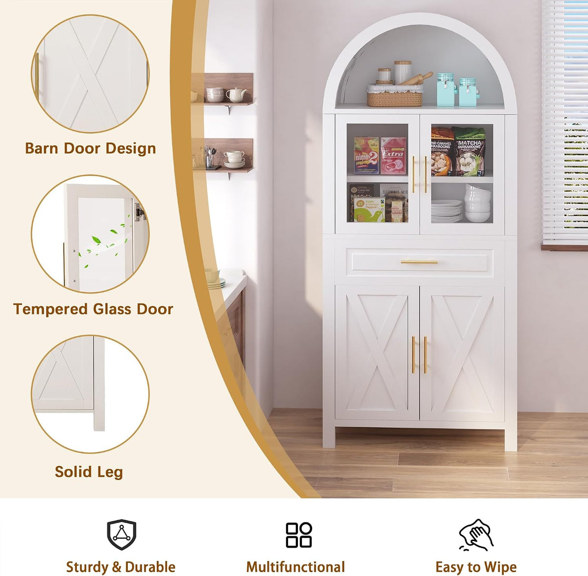 GDFStudio 71" Tall Arched Cabinet with Glass Door & Barn Door Design, Modern Farmhouse Storage Cabinet with Adjustable Shelves - White