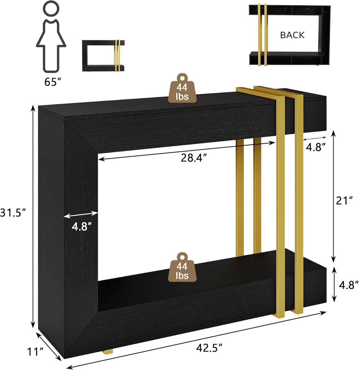 iPormis 42.5-Inch Console Table for Entryway, 2-Tier Sofa Table Behind Couch, Wood Entry Table with Storage & Metal Lines Base for Living Room, Hallway, Foyer, Black