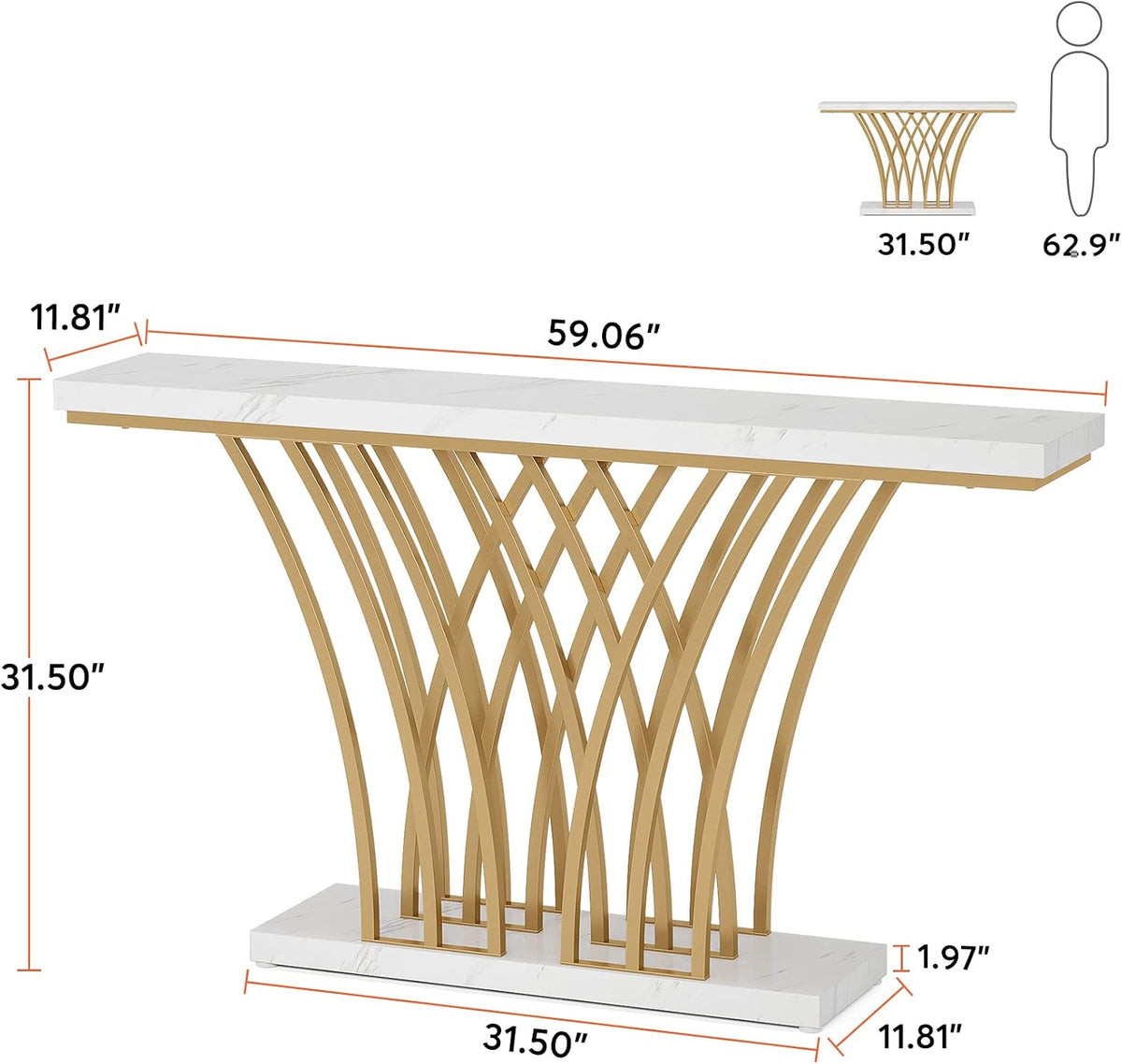 Tribesigns 59 inch Gold Console Table, Modern Entryway Table with Grid-Shaped Metal Base for Entrance, Hallway, Entryway, Living Room(White Faux Marble & Gold)