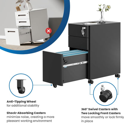 Mount-It! Slim 3 Drawer Rolling File Cabinet with Lock, Mobile Metal Filing Cabinet on Wheels for Under Desk Home & Office Storage, Letter Legal A4, Black