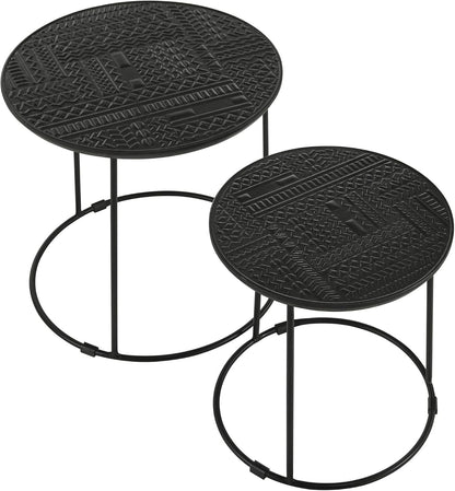 20" Sturdy Metal Frame Nesting Coffee Table, Boo Coffee Table with Embossed Tribal Pattern, Nesting Side Tables with Mango Wood top for Modern Indoor Spaces, Black