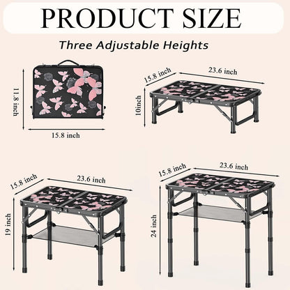YihuiKo Small Camping Table, Vintage French Butterfly Pattern Folding Table | Adjustable Height, Lightweight Portable Folding Table, For Patio/Garden/Travel/Living Room, Carry Handle, Storage Net