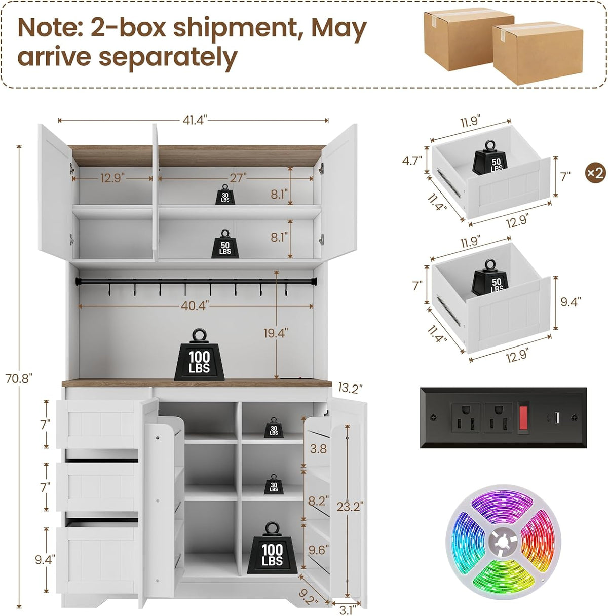 70.8" Tall Kitchen Pantry Cabinet with Adjustable Shelves, Farmhouse Kitchen Hutch with 5 Doors and 3 Drawers, LED Pantry Storage Cabinet with Charging Station for Dining Room, White