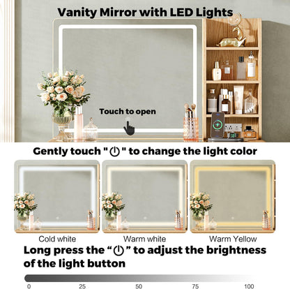 47“Makeup Vanity Desk with Mirror and Lights, Vanity Desk with 7 Drawers & Storage Shelves, Vanity Table with Power Outlet, 3 Color Modes & Adjustable Brightness Dressing Table, Bedroom,Wood