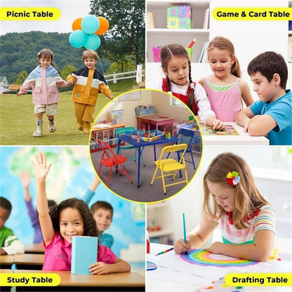 Pemberly Row Kids' Table Chair Set, Multicolor, 4-Piece Set, Includes Yellow, Pink, Blue, Green Chairs, Foldable Sturdy Table, Child-Safe Materials, Lightweight Design, Ideal for Ages 3-8