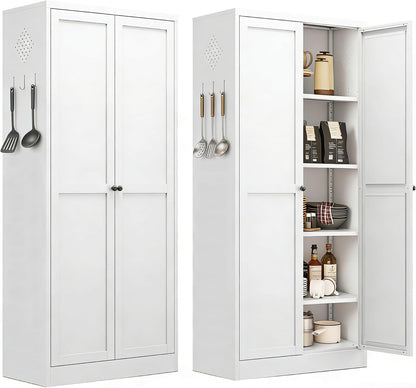 Metal Pantry Cabinet, Kitchen Pantry Storage Cabinets | with Doors and 4 Shelves, White Kitchen Pantry Cabinet for Home Office Living Room