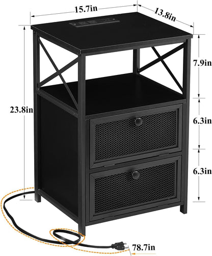 VECELO Black End Table with USB Ports and Outlets,24 Inch Nightstands with Charging Station and Storage Shelf for Bedroom,Living Room, 1 Set