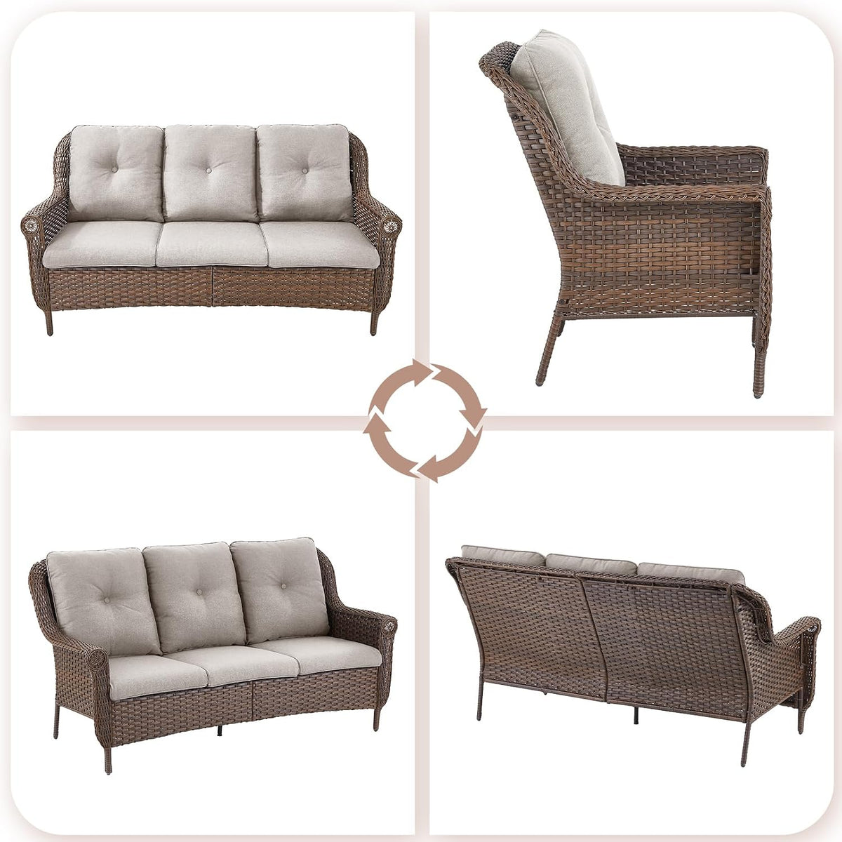 Patio Couch Outdoor Wicker Sofa - Heavy Duty All-Weather Brown Rattan 3-Seater with High Back and Comfortable Thick Cushions for Garden Back Porch Poolside Apartment - Beige