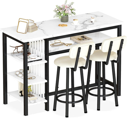 AWQM 3-Piece Bar Table and Chairs Set, Modern White Faux Marble Table with 2 PU Cushion Bar Stools, Kitchen Counter with 3 Tier Storage Shelves, Space Saving Table for Home & Kitchen, Black Frame