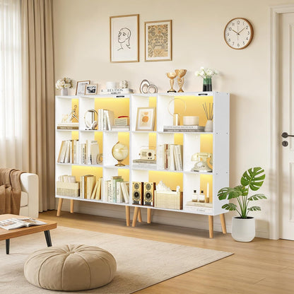 7-Cube Bookshelf with LED Lights, Touch & Remote Control, Freestanding Open Bookcase Storage Shelf, Dimmable Modern Wooden Display Organizer with Legs for Living Room, Bedroom, Office(White)