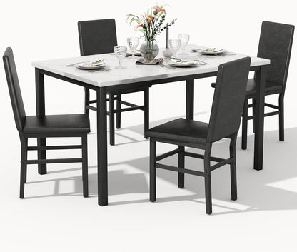Dining Table Set for 4, 5-Piece Faux Marble Dining Set,4 Upholstered PU Chairs, Modern Kitchen Table Furniture for Dining Room,Compact Space-Saving Faux Marble Tabletop (White + Black)