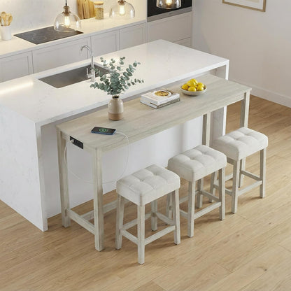 COSTWAY 4-Piece Breakfast Nook Bar Set with Built-in Charging Station | Counter Height Table with 3 Stools, Farmhouse Dining Room Table & Chairs with Wooden Frame & Cushioned Seat for Kitchen, Gray
