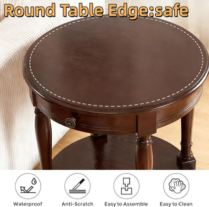 YUNMUAIR-Solid Wood End Table,Round Side Table with Drawers,Vintage Nightstand,Sofa Side Tables with Storage Shelf,Traditional Retro End Tables for Small Spaces,Living Room,Bedroom,Dark Brown