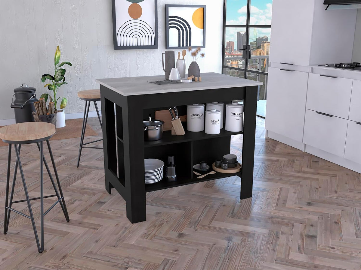 Kitchen Island with Four Legs and Three Shelves - Black/Ibiza Marble | Three shelves and four legs for extra storage and stability
