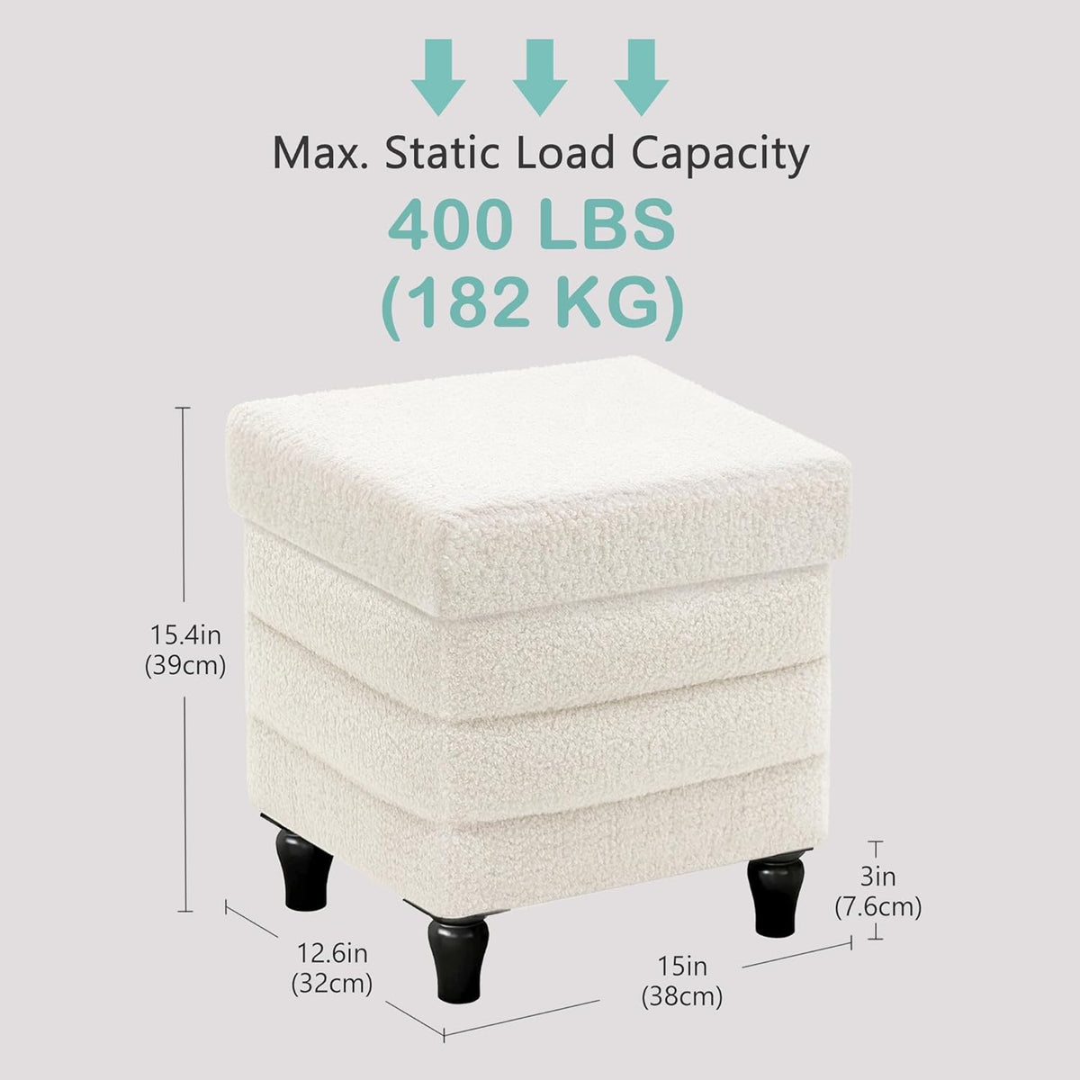 CAROLMADE Folding Storage Ottoman Cube Sherpa Footstool with Wood Legs Ottoman Footrest for Living Room and Bedroom, White 15"x12.6"x15.4"