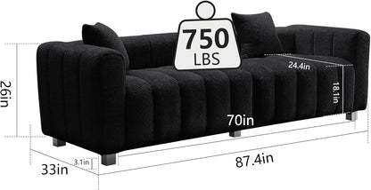 87.4" Modern 3 Seater Sofa Couch for Living Room, Mid Century Fluffy Couches with Solid Wood Frame and 6 Legs for Bedroom, Apartment, Weight Capacity 750 LBS (Black)