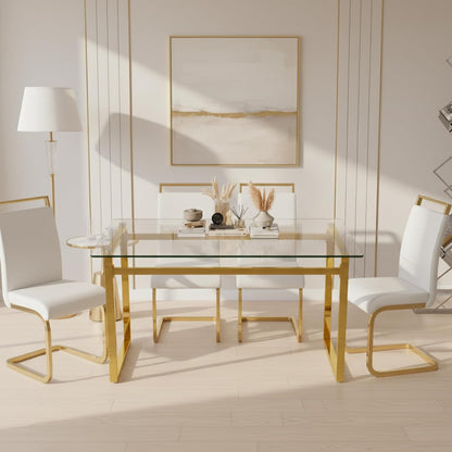 51''Glass Dining Table, Modern Rectangle Kitchen Table with Tempered Glass Tabletop and Metal Leg for 4, Writing Table Desk, for Kitchen Dining Living Room (Golden)