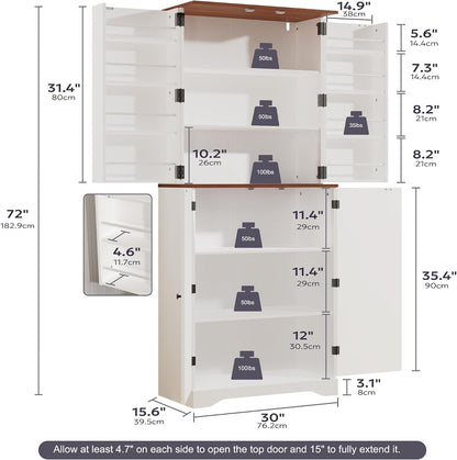 Furnify 72" Tall Kitchen Pantry Cabinet with Door Organizer, White | Farmhouse Rustic Tall Buffet Cabinet with Adjustable Shelves, Freestanding Storage Cupboard for Kitchen Dining Room Bathroom