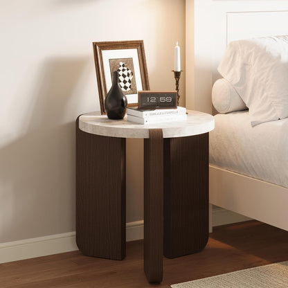 HOMPUS Farmhouse Round End Table, French Country White Bedside Table, Faux Marble Tabletop Sofa Table, Accent Side Table for Living Room, Bedroom, Office, Small Spaces, Easy Assembly (White + Brown)