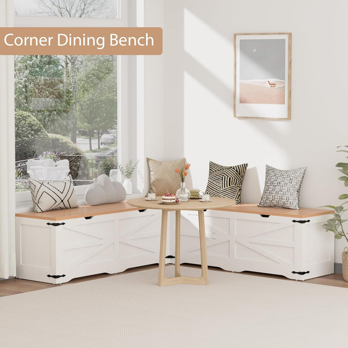 L Shape Kitchen Breakfast Nook Bench, Backless Farmhouse Storage Bench, Corner Dining Bench with Hidden Storage for Dining Room, Kitchen, Entryway