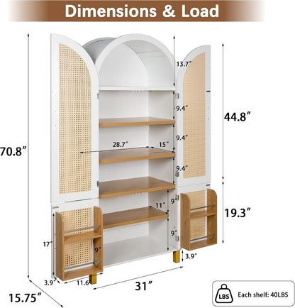 Polibi 71" Tall 4-Door Arched Cabinet, MDF Rattan Door Storage with Adjustable Shelves, Built-in Racks & 4 Support Legs, Farmhouse Pantry Cabinet for Kitchen & Dining Room, White