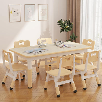 Kids Table and 6 Chairs Set, Height Adjustable Toddler Table and Chairs Set | Graffiti Desktop, Non-Slip Legs, Children Activity Table for for Ages 2-10 Daycare Classroom Home Preschool, Natural