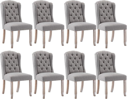 Ya-Home Modern Tufted Dining Chairs Set of 8, Upholstered Kitchen Room Side Chairs Accent Chairs with Wingback Nail Trims Wood Legs, Farmhouse Guest Chairs for Dining Room, Living Room, Linen Grey