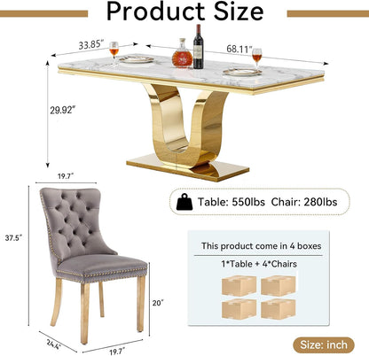 SSLine Modern White Marble Dining Table Set for 4,Luxury 68" Faux Marble Kitchen Table with Velvet Tufted Chairs for 4,5-Piece Dining Room Table Set with Gold Stainless Steel U-Shape Base
