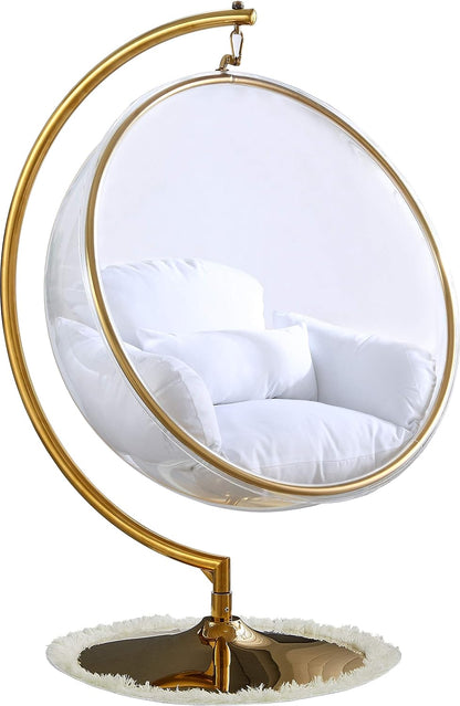Meridian Furniture Luna Collection Modern | Contemporary Clear Acrylic Accent Swing Chair with Gold Metal Base and Durable Fabric Seat, 41.5" W x 29.5" D x 64" H, White
