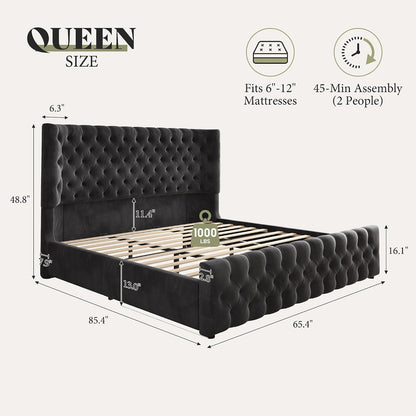AMERLIFE Upholstered Queen Bed Frame with Wingback Headboard, Black Velvet