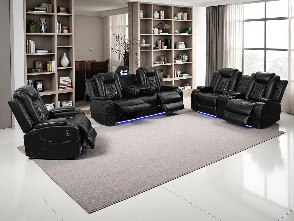 Power Recliner Sofa Sets, Living Room Furniture Sets, Black Modern Power Reclining Sofa, Loveseat and Chair with Cup Holders/Storage Console/LED Light for Living Room