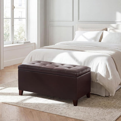 Asense Storage Ottoman Bench, 33" Faux Leather Upholstered End of Bed Bench with Safety Hinge,Wooden Legs,for Entryway Bedroom Living Room,Chocolate Brown