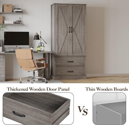 65" Tall Kitchen Pantry Cabinet with Barn Doors, Drawers & Adjustable Shelf, Farmhouse Storage Cabinet with Doors and Shelves for Kitchen Pantry Storage Cabinet, Dining Room, Laundry & Entryway, Grey