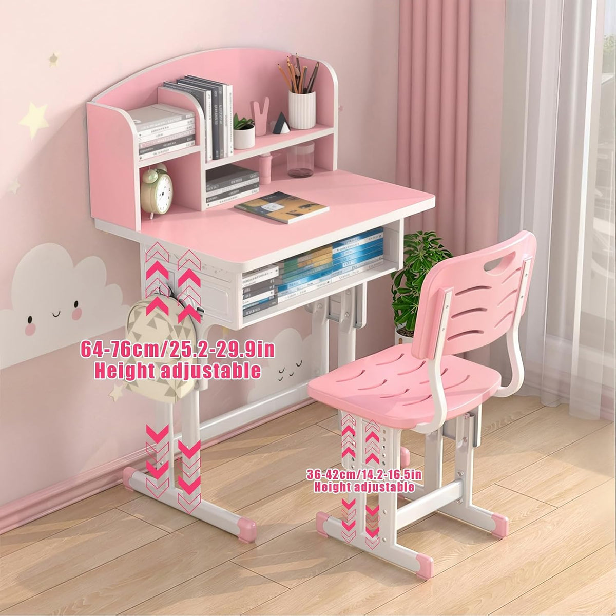 1 Set Kids Desk Chair Set, Height Adjustable Children School Study Table Chair Sets with Storage Drawer, Ergonomic Desk Chairs with Book Stand, Partition Design Pink 70 cm