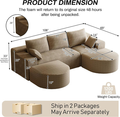 108" U-Shaped Couches for Living Room,Comfy Fluffy Cloud Sectional Couch with Curved Ottoman, Modern Plush Corduroy Deep Seat Modular Sectional Sofa for Small Spaces, Light Brown