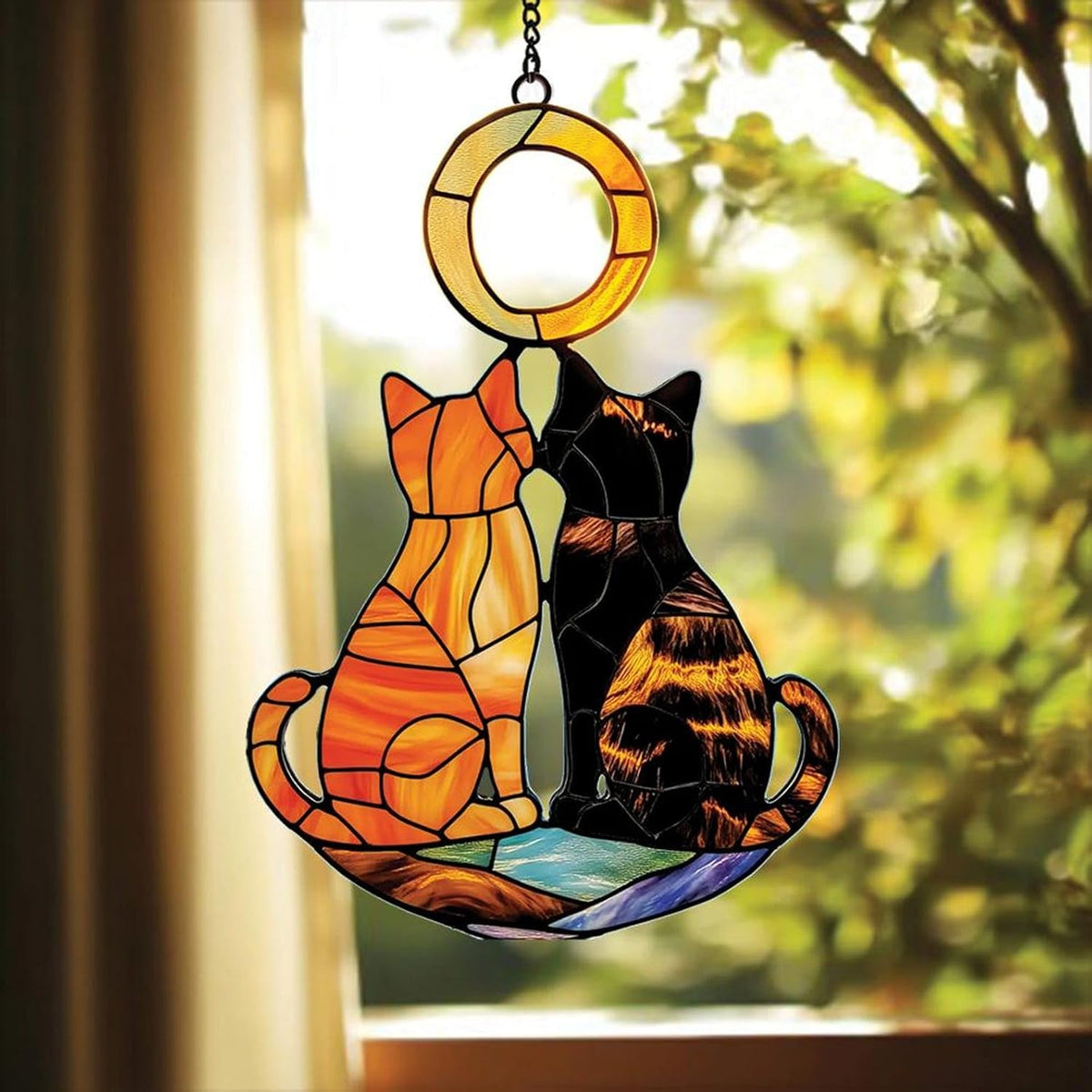 Couple Cat Acrylic Suncatcher with Leaves and Flowers, for Lovers or Mom, Window Decor