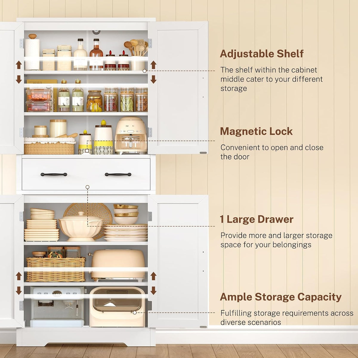 TEENFON Tall Storage Cabinet with 2 Adjustable Shelves & 1 Large Drawer, Kitchen Pantry Cabinet with 4 Doors, Bathroom Storage Cabinets, for Living Room, Kitchen, Bathroom, White