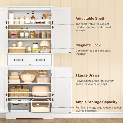 TEENFON Tall Storage Cabinet with 2 Adjustable Shelves & 1 Large Drawer, Kitchen Pantry Cabinet with 4 Doors, Bathroom Storage Cabinets, for Living Room, Kitchen, Bathroom, White