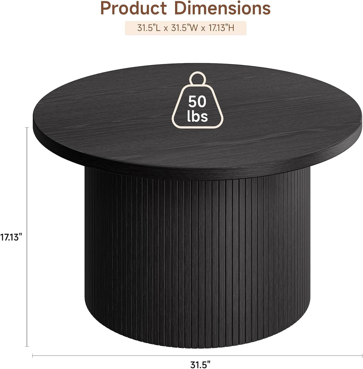 ONBRILL 31.5" Round Coffee Table, Tambour Design Coffee Tables for Living Room, Mid Century Modern Wood Coffee Table, Drum Accent Small Center Table, Black