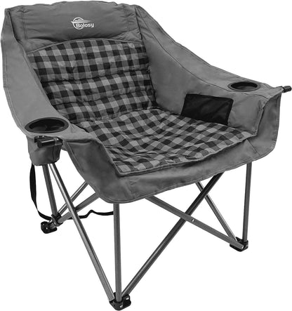 Bolosy Oversized Camping Chairs for Adults Heavy Duty Padded Portable Lawn Chairs Outdoor Folding Chairs XL Camp Chairs with Cup Holder Suproot 500 lbs, Gray Plaid