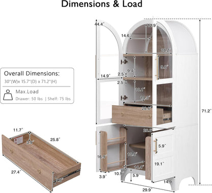 Merax 71" Farmhouse Arched Pantry Cabinet with Glass Doors & Hidden Drawer, Adjustable Shelves Storage Cupboard for Kitchen/Dining Room, White