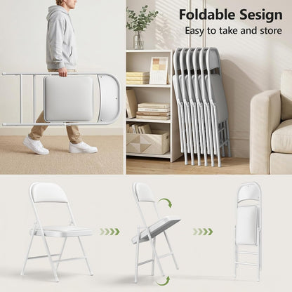 Folding Table and Chairs, 6ft Folding Table with Adjustable Height& PU Leather Padded Folding Chairs 6 Pack, Portable Table and Chairs Set for Indoor&Outdoor Use(White Table& White Chair)