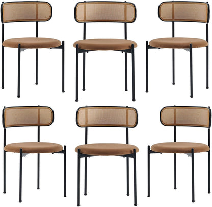 Rattan Dining Chairs Set of 6, Kitchen Chairs with Curved Cane Backrest &Metal Legs, Modern Dining Room Chair, Round Upholstered Sherpa Chair for Living Room, Brown