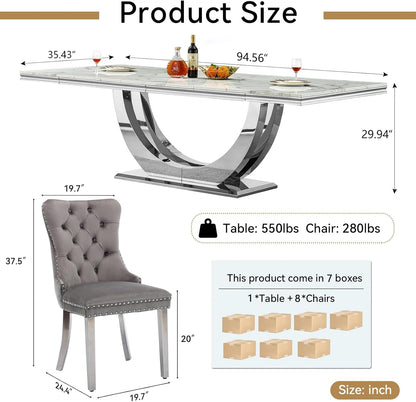 9-Piece Modern Dining Table Set with 8 Chairs, 94.5" Large Marble Kitchen Table & Grey Upholstered Chairs Set for 8, White Dining Room Table Set with Silver Stainless Steel Frame & Faux Mable Top