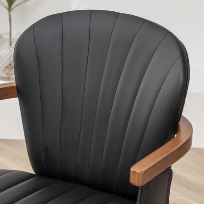 LUNLING Swivel Dining Chairs Set of 4, Mid Century Modern Black Faux Leather Kitchen Chairs with Arms,Bamboo Legs Side Chairs No Wheels,Accent Chair for Dining Rooms and Offices